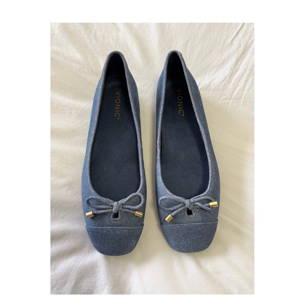 Vionic  Denim Blue  Ballet Flats with Bow and Gold Accents